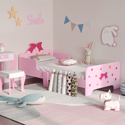 Pink princess-themed toddler bed by HOMCOM with safety rails, colorful patterns, suitable for children aged 3 to 6 years.