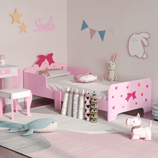 Pink princess-themed toddler bed by HOMCOM with safety rails, colorful patterns, suitable for children aged 3 to 6 years.
