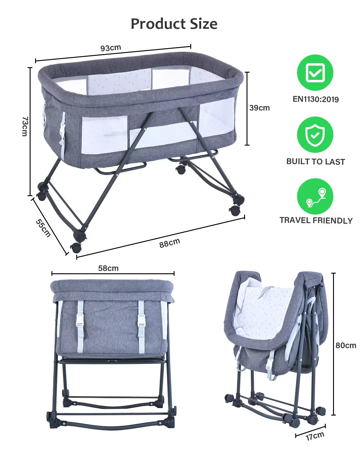 Livoshop Baby travel cot with mattress, silent wheels, and rocking convertible crib for easy on-the-go comfort.