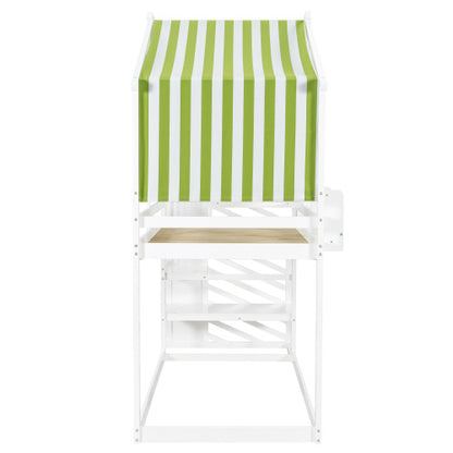 Kids Bunk Bed with Corner Staircase and Canopy – White & Green