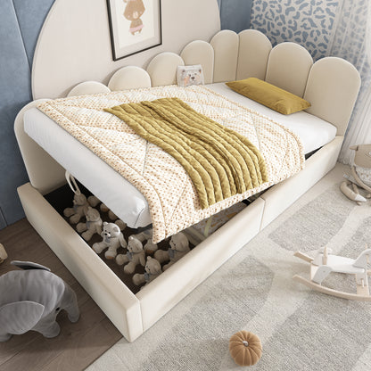 Beige upholstered HOMCOM single daybed with hydraulic storage, metal slatted frame, and velvet fabric in 90x190 cm size.