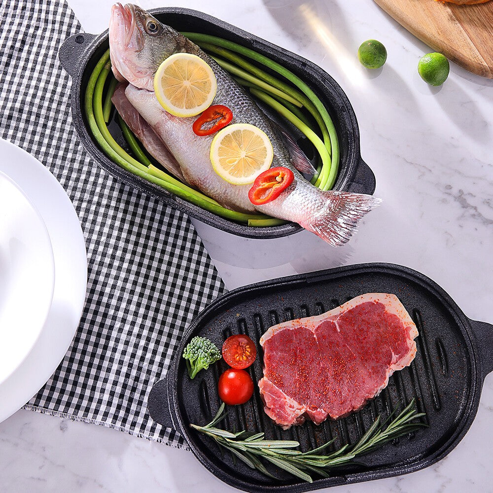 HOMCOM 2-in-1 cast iron Dutch oven and skillet with lid, ideal for camping and outdoor cooking, sturdy black cast iron construction.