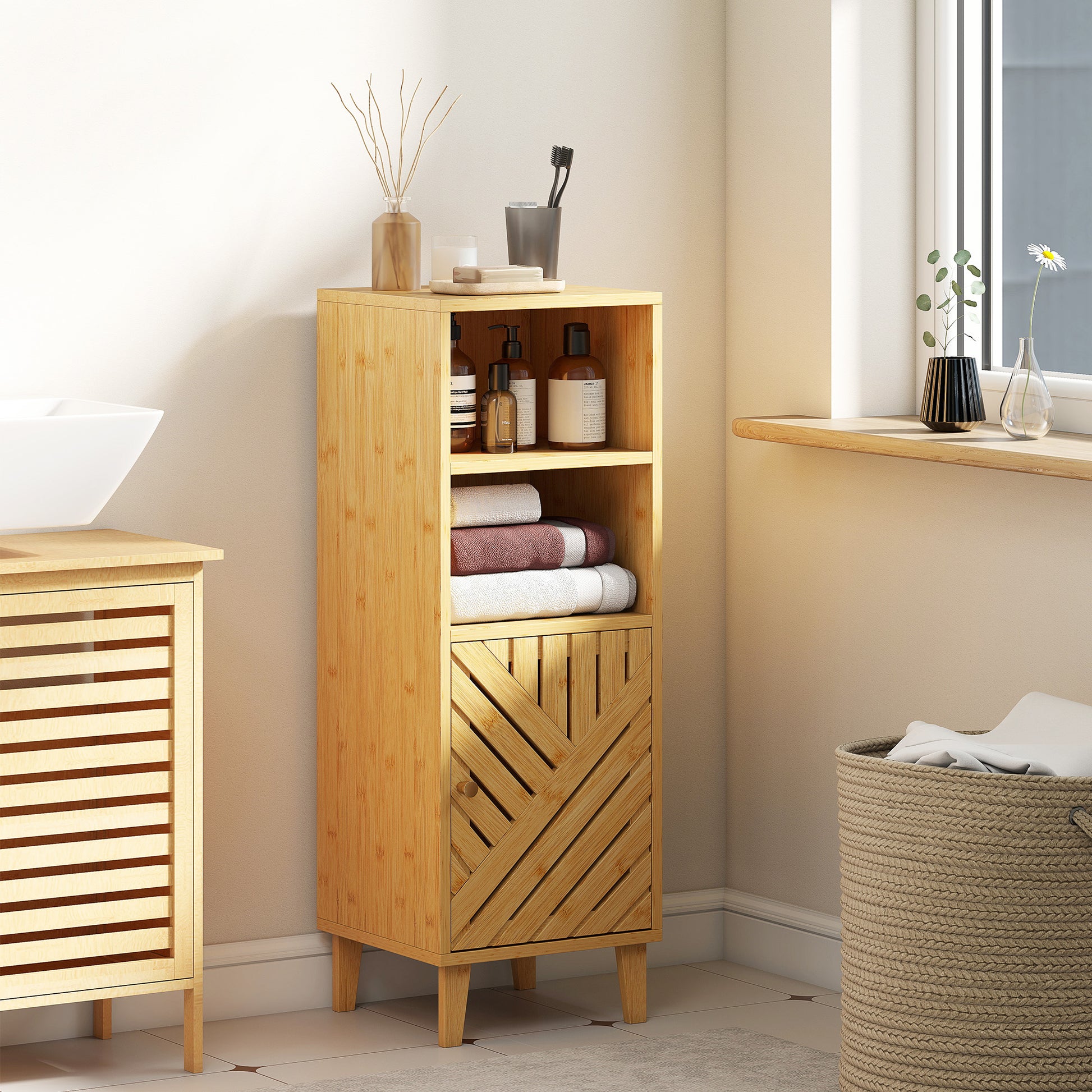 HOMCOM slim bathroom cabinet with bamboo door, open compartments, natural wood finish, freestanding narrow storage cupboard 32x30x90 cm