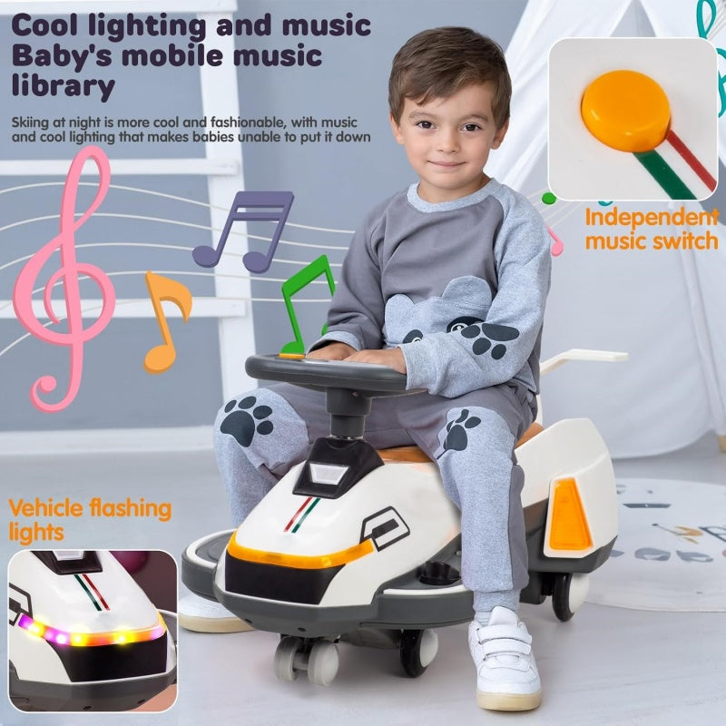 HOMCOM electric ride-on wiggle car for kids with light music, 2-in-1 design, 360-degree steering, powered swing and twist features.