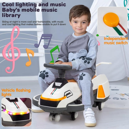 HOMCOM electric ride-on wiggle car for kids with light music, 2-in-1 design, 360-degree steering, powered swing and twist features.