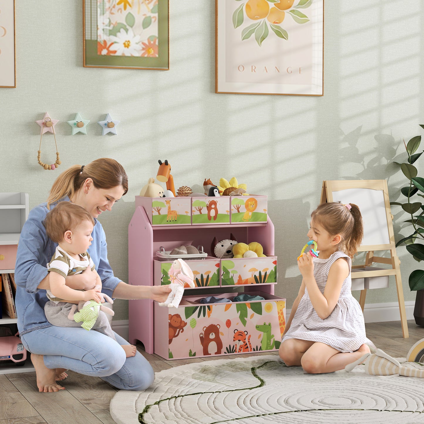 Pink HOMCOM 3-tier kids toy storage unit with six removable boxes, ideal for playrooms, bedrooms, and nurseries.
