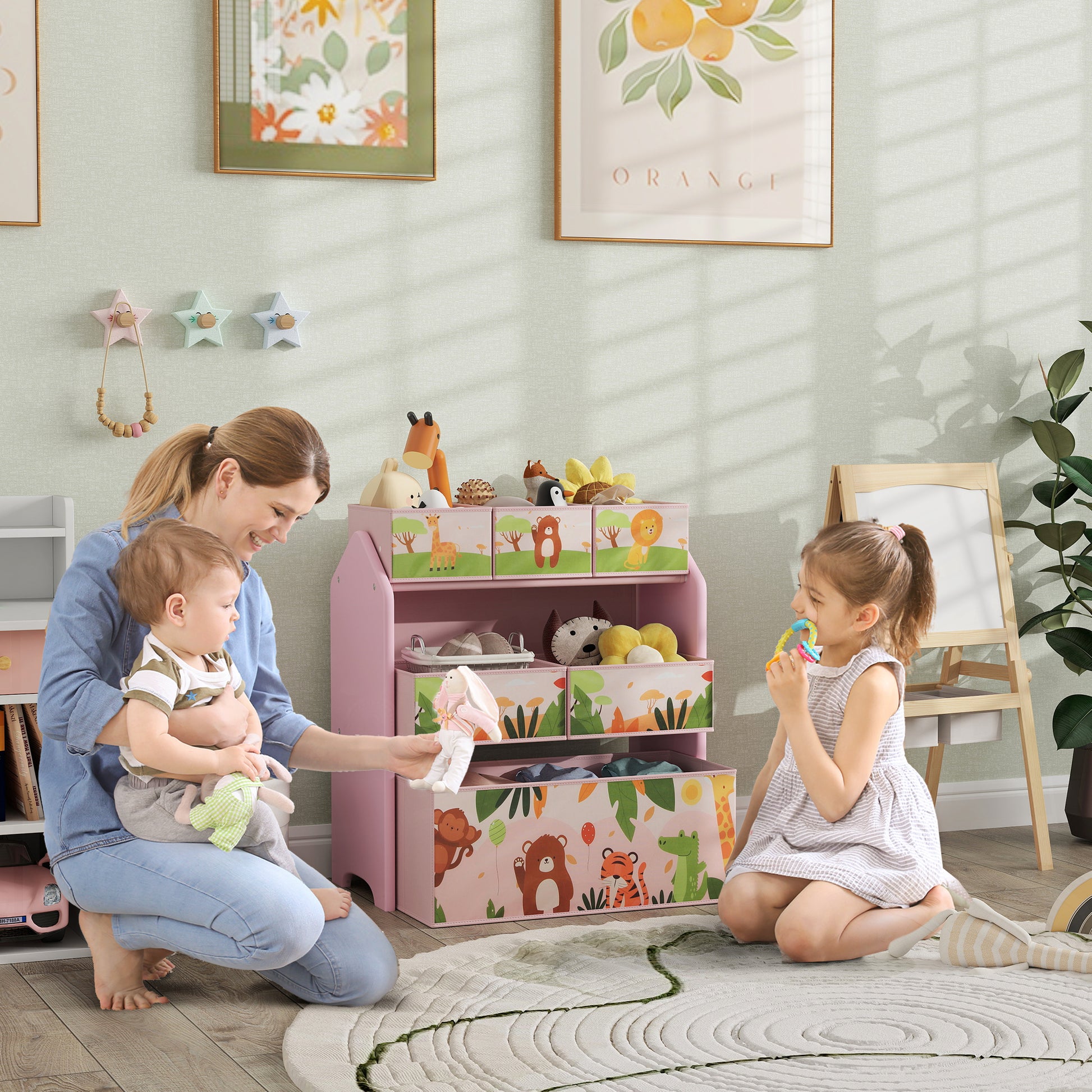 Pink HOMCOM 3-tier kids toy storage unit with six removable boxes, ideal for playrooms, bedrooms, and nurseries.
