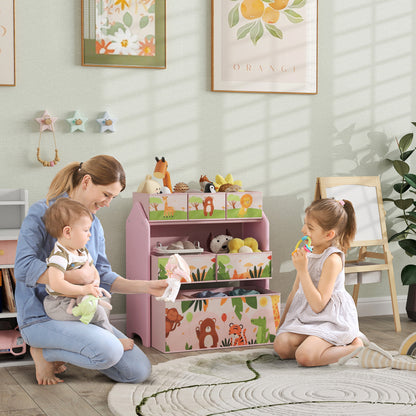 Pink HOMCOM 3-tier kids toy storage unit with six removable boxes, ideal for playrooms, bedrooms, and nurseries.