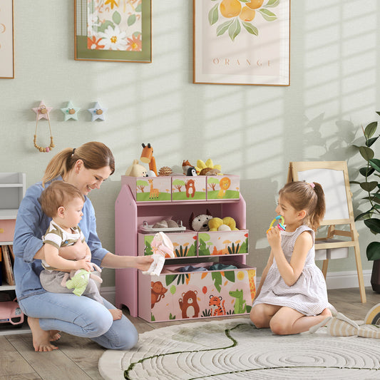 Pink HOMCOM 3-tier kids toy storage unit with six removable boxes, ideal for playrooms, bedrooms, and nurseries.
