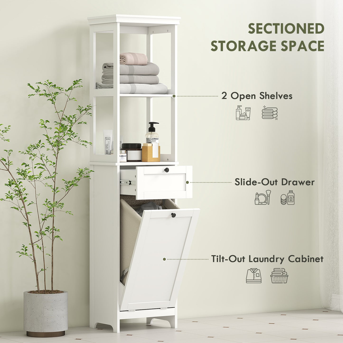 White tall bathroom cabinet with laundry basket from HOMCOM, featuring multiple storage shelves and a sleek design for bathroom organization.