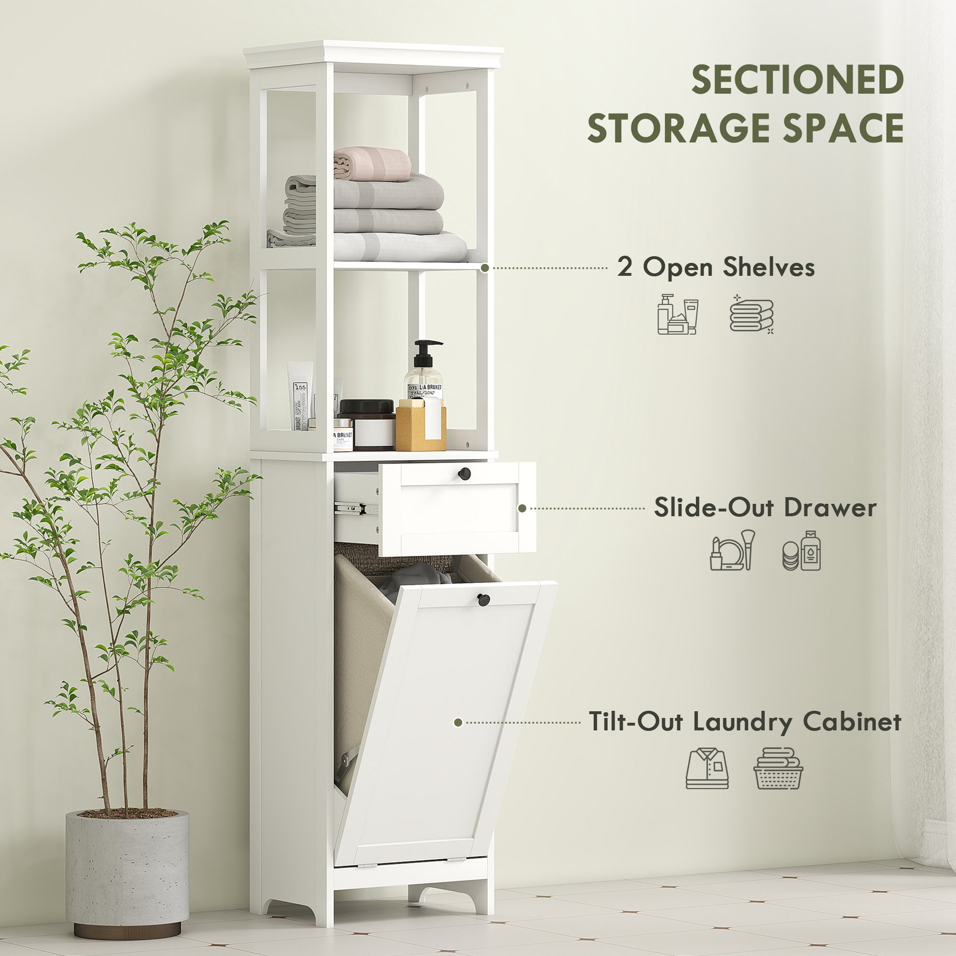 White tall bathroom cabinet with laundry basket from HOMCOM, featuring multiple storage shelves and a sleek design for bathroom organization.
