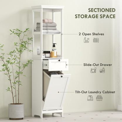 White tall bathroom cabinet with laundry basket from HOMCOM, featuring multiple storage shelves and a sleek design for bathroom organization.