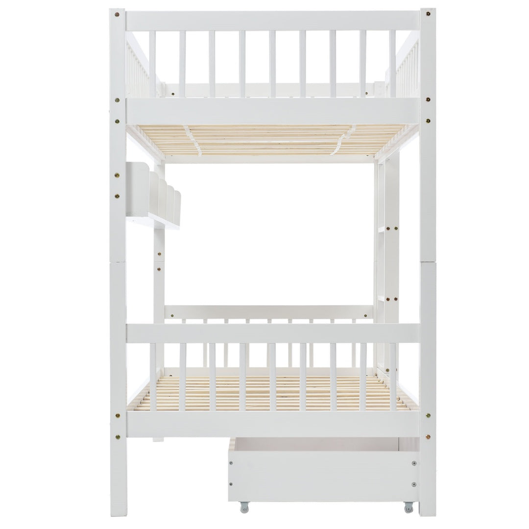 White HOMCOM kids bunk bed with a 3ft solid pine wood frame, under-bed slide drawer, and built-in shelf, 90x190cm.