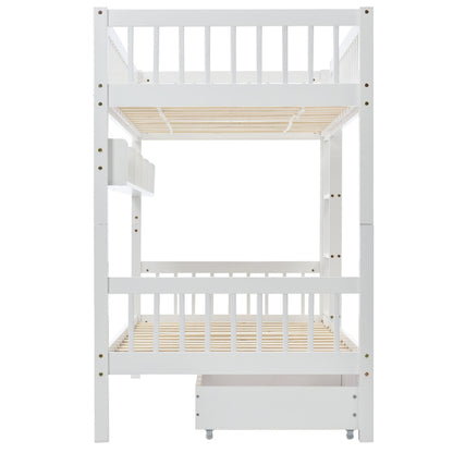 White HOMCOM kids bunk bed with a 3ft solid pine wood frame, under-bed slide drawer, and built-in shelf, 90x190cm.