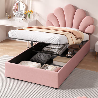 HOMCOM 3ft upholstered hydraulic bed with adjustable petal velvet headboard, solid wood slat, storage, no box spring or mattress shown.
