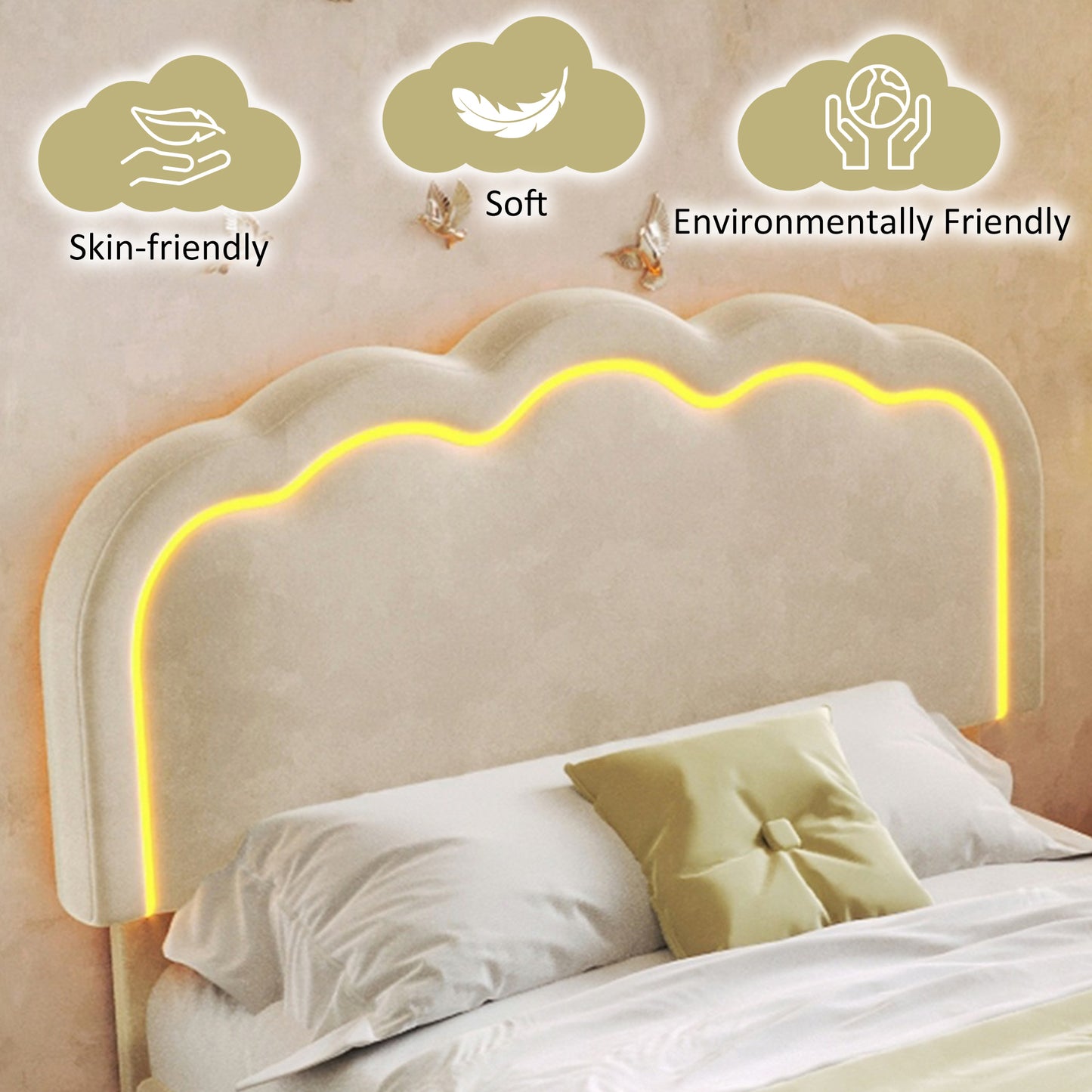 HOMCOM beige velvet upholstered single bed with LED lighting, wooden slats, adjustable headboard, suitable for teen or guest bedroom.