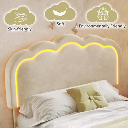 HOMCOM beige velvet upholstered single bed with LED lighting, wooden slats, adjustable headboard, suitable for teen or guest bedroom.