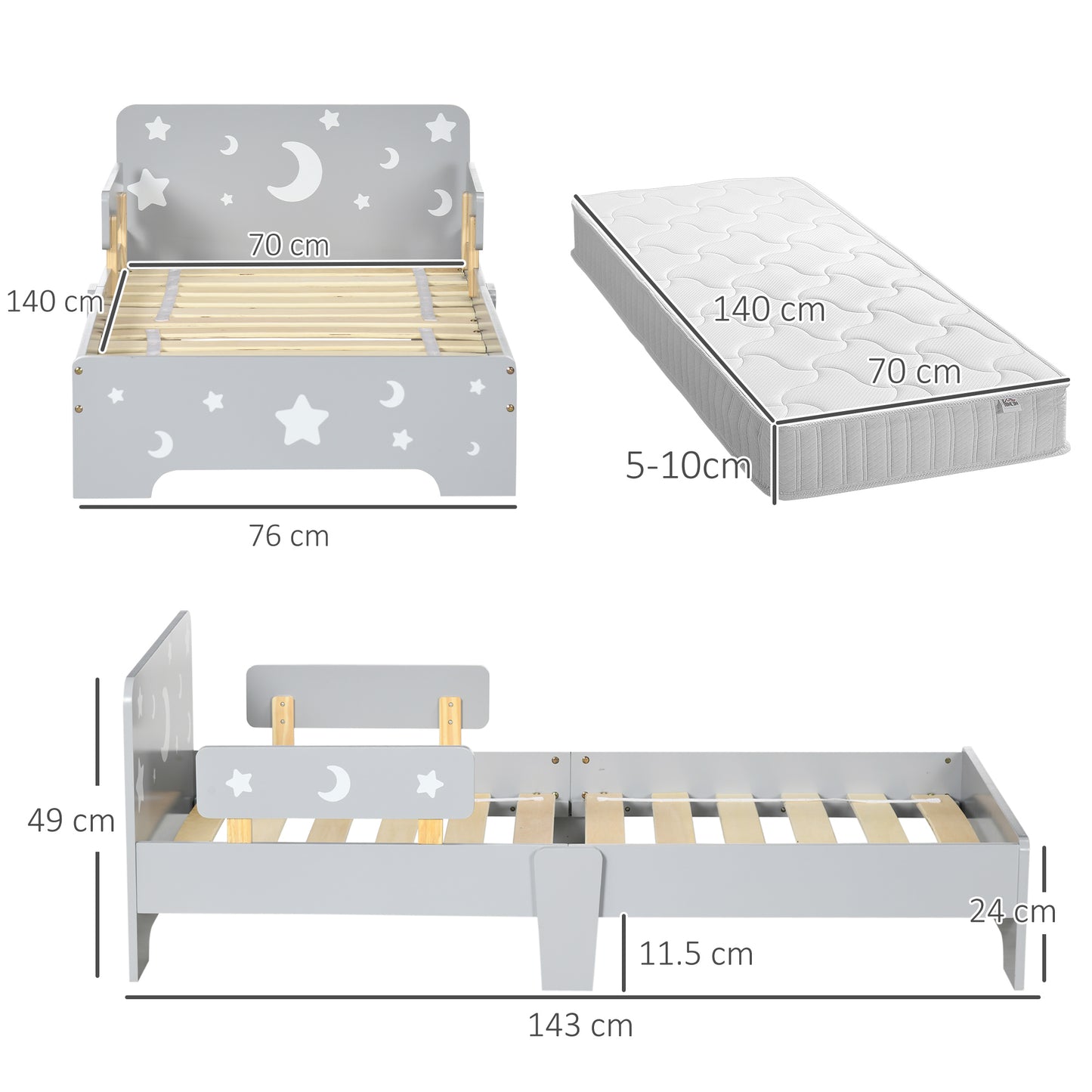 Grey HOMCOM ZONEKIZ kids toddler bed with star and moon patterns, side rails, suitable for ages 3-6 years