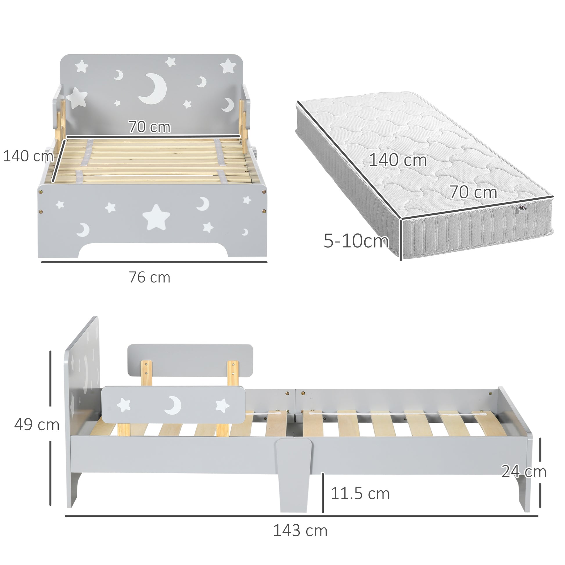 Grey HOMCOM ZONEKIZ kids toddler bed with star and moon patterns, side rails, suitable for ages 3-6 years