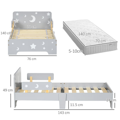 Grey HOMCOM ZONEKIZ kids toddler bed with star and moon patterns, side rails, suitable for ages 3-6 years