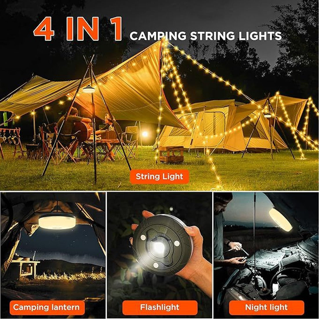 HOMCOM 2-pack 10M waterproof camping string lights outdoors, stowable and portable for outdoor lighting and camping setups.