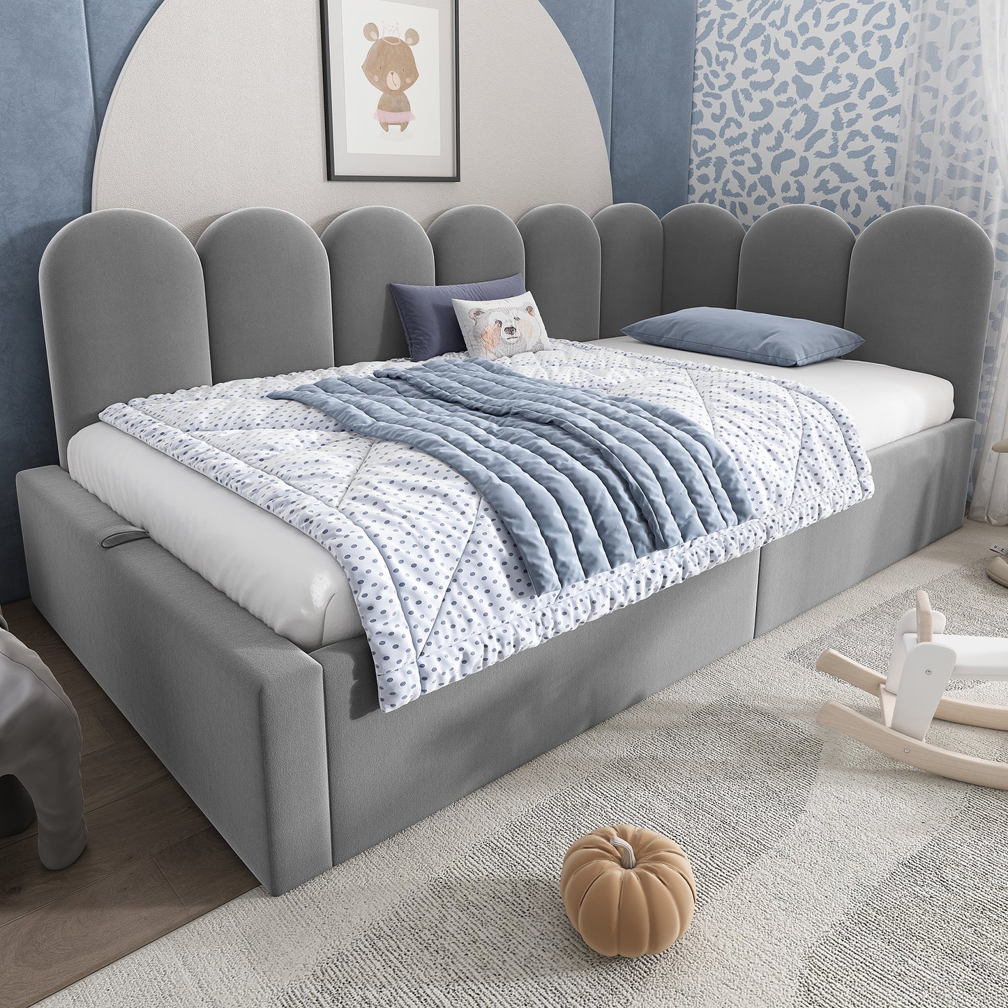 HOMCOM grey upholstered single daybed with hydraulic storage, metal slatted frame, velvet fabric, 90x190cm bed frame.