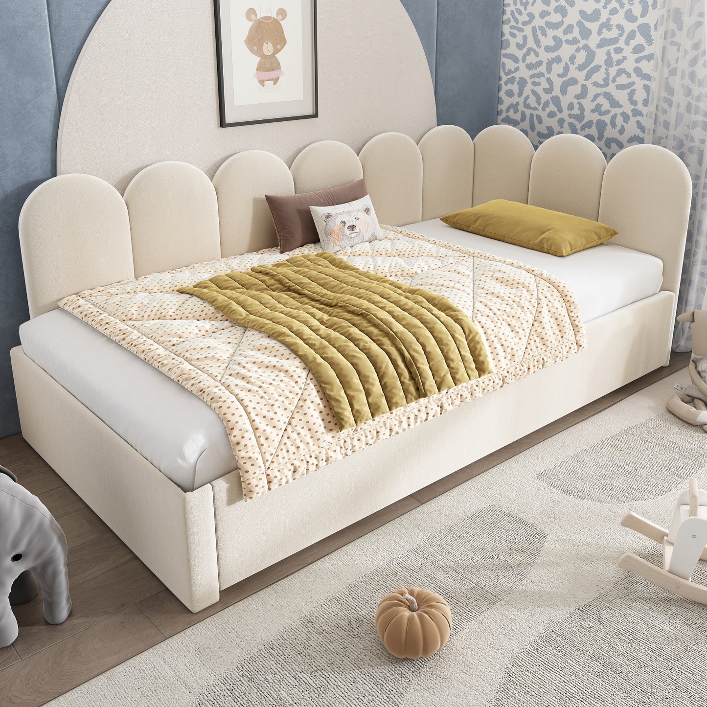 Beige upholstered HOMCOM daybed with pull-out bed, velvet fabric, slatted frame, suitable as sofa or guest bed in 90x190 cm size.