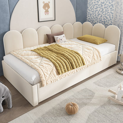 Beige upholstered HOMCOM daybed with pull-out bed, velvet fabric, slatted frame, suitable as sofa or guest bed in 90x190 cm size.
