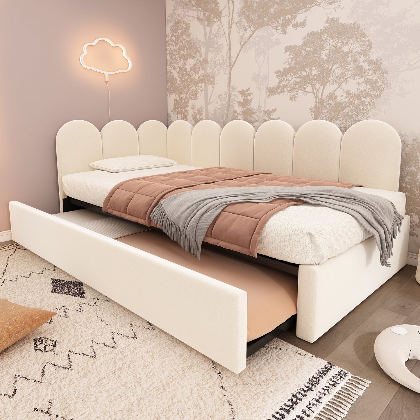 Beige upholstered HOMCOM daybed with pull-out bed, velvet fabric, slatted frame, 3ft single sofa bed for adults and children.