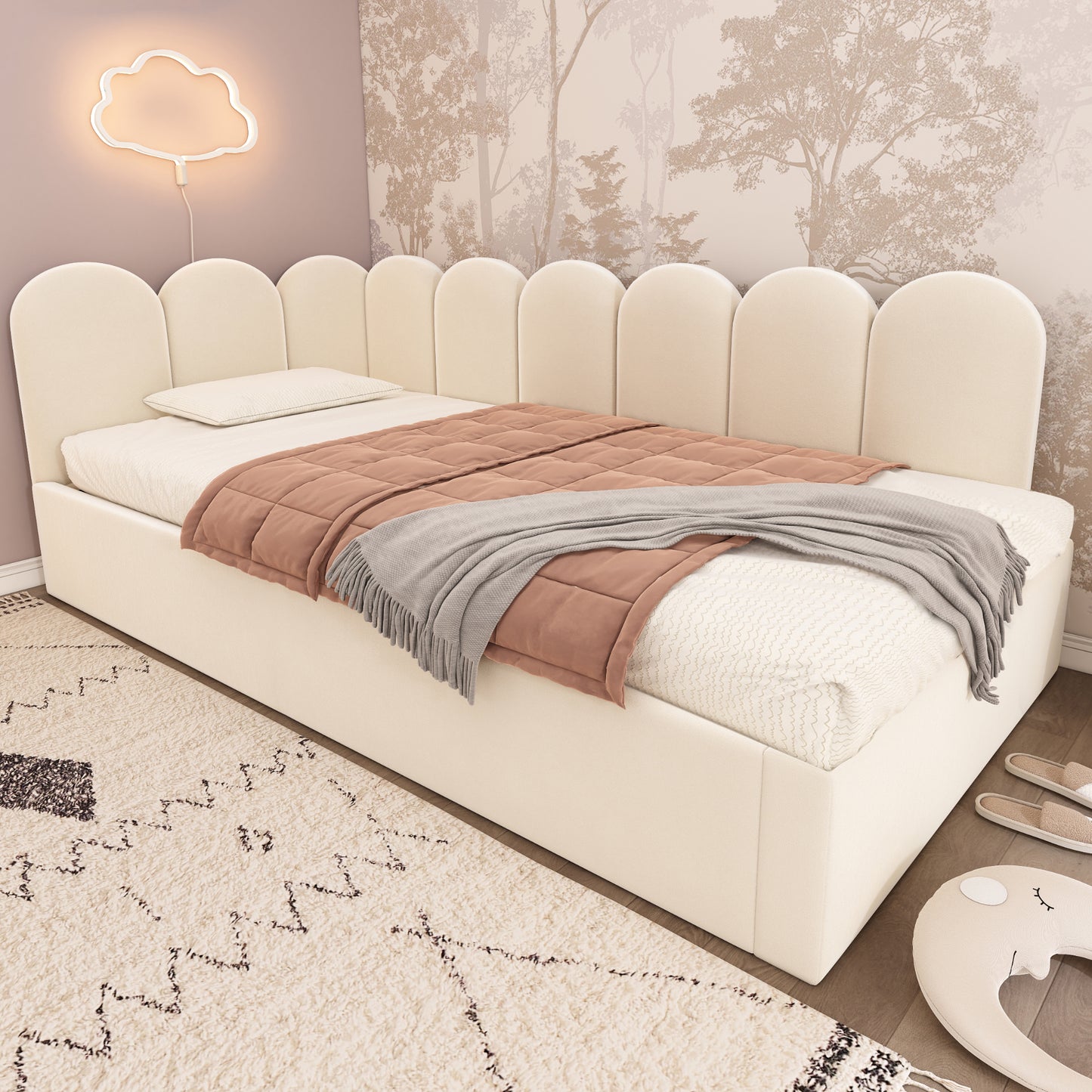 Beige upholstered HOMCOM daybed with pull-out bed, velvet fabric, slatted frame, suitable as sofa or guest bed for adults and children.