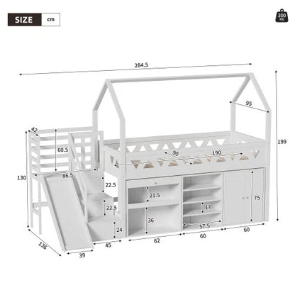 Kids Single Bed with Slide & Stairs – Solid Wood Frame with Storage Drawers