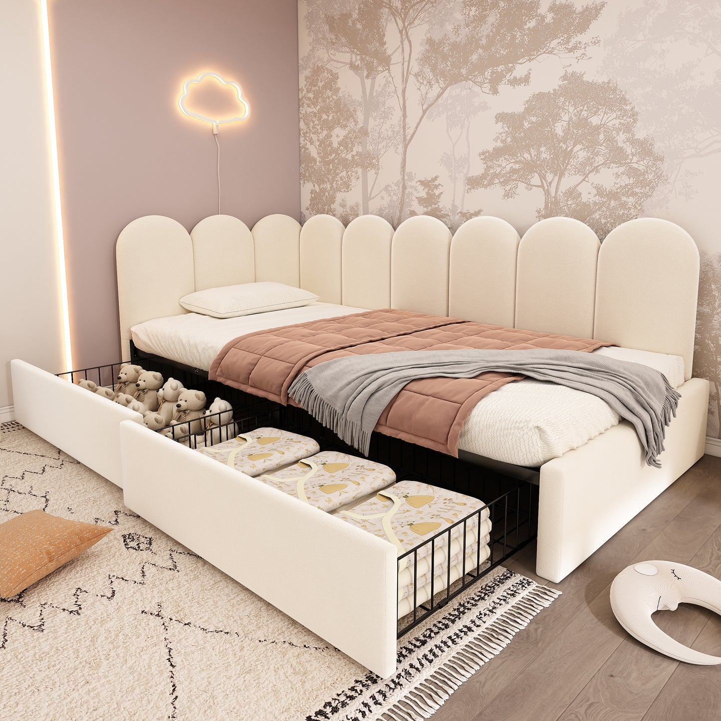 Beige upholstered kids daybed with drawer storage, velvet finish, 3ft single sofa bed, slatted frame, suitable for children and adults.