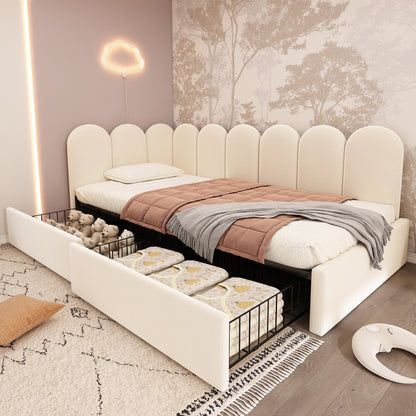 Beige upholstered kids daybed with drawer storage, velvet finish, 3ft single sofa bed, slatted frame, suitable for children and adults.