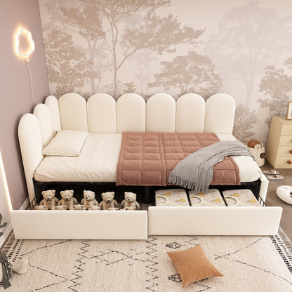 Beige upholstered kids and adult daybed with drawer storage, velvet fabric, slatted bed frame, 3ft single sofa bed by HOMCOM