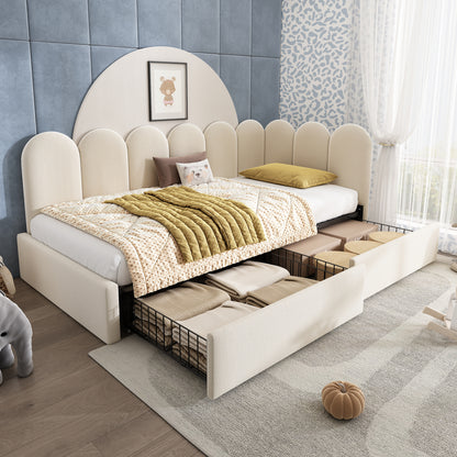 Beige upholstered kids' daybed with drawer storage, velvet finish, 3ft single size, slatted frame, suitable for children and adults.