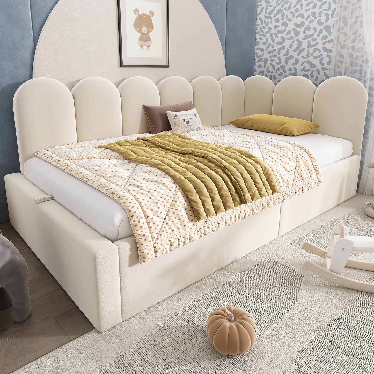 Beige upholstered single bed with storage, metal slatted frame, velvet fabric, 3ft size, HOMCOM daybed with hydraulic storage system.