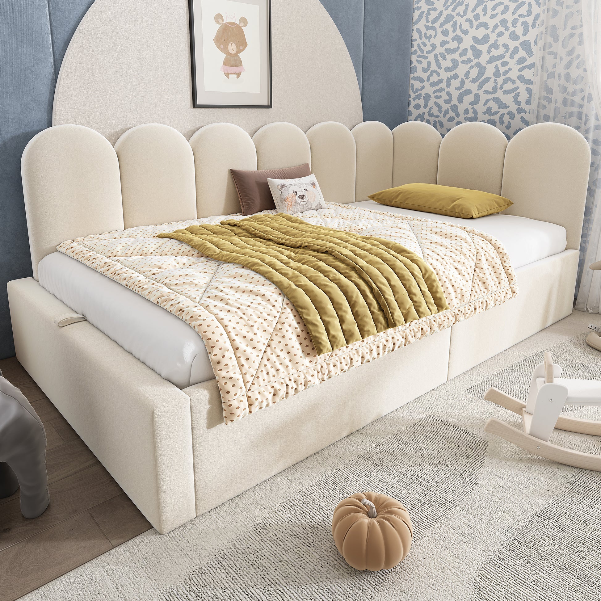 Beige upholstered single bed with storage, metal slatted frame, velvet fabric, 3ft size, HOMCOM daybed with hydraulic storage system.