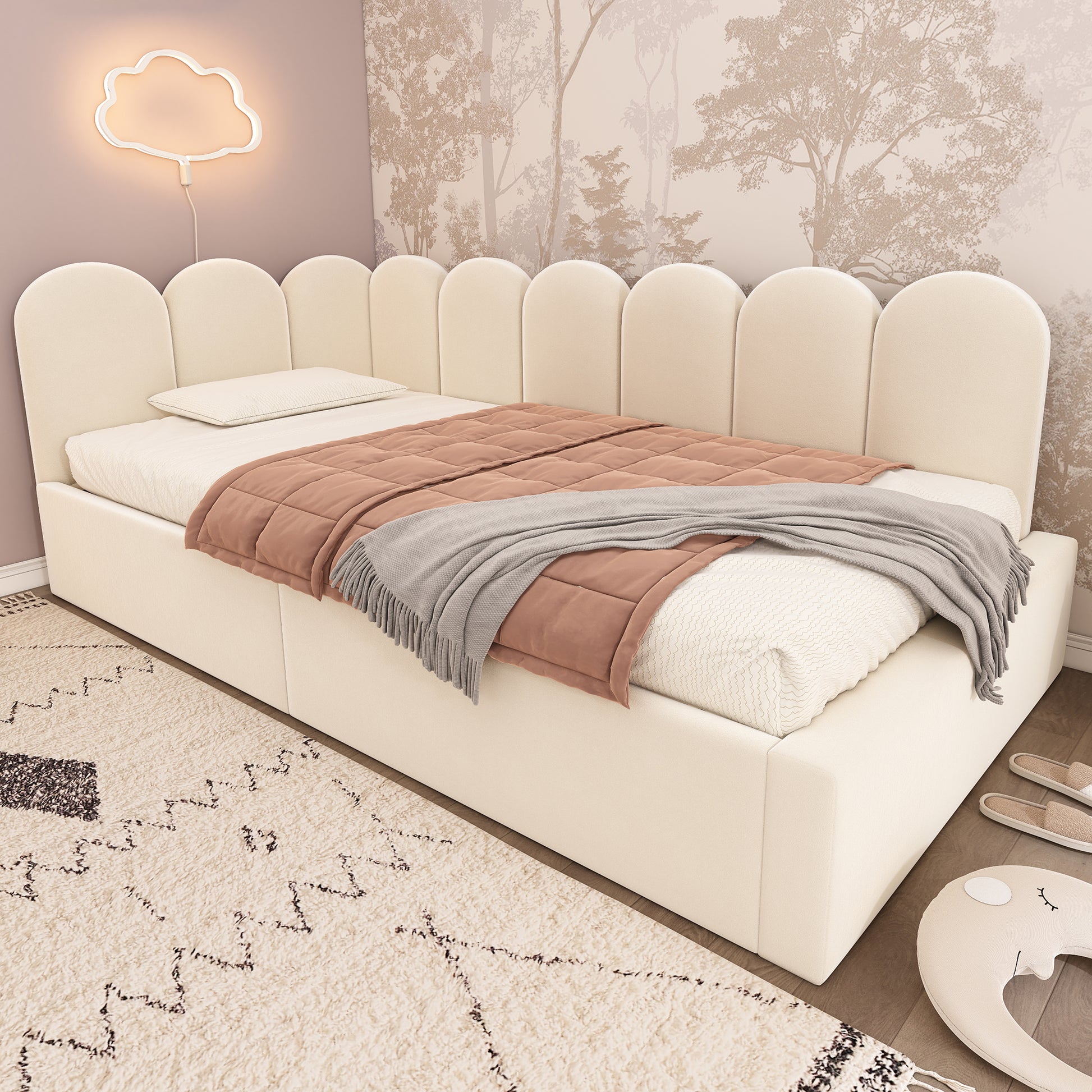 Beige upholstered HOMCOM daybed with storage, 3ft single sofa bed, velvet fabric, metal slatted frame, hydraulic storage system.