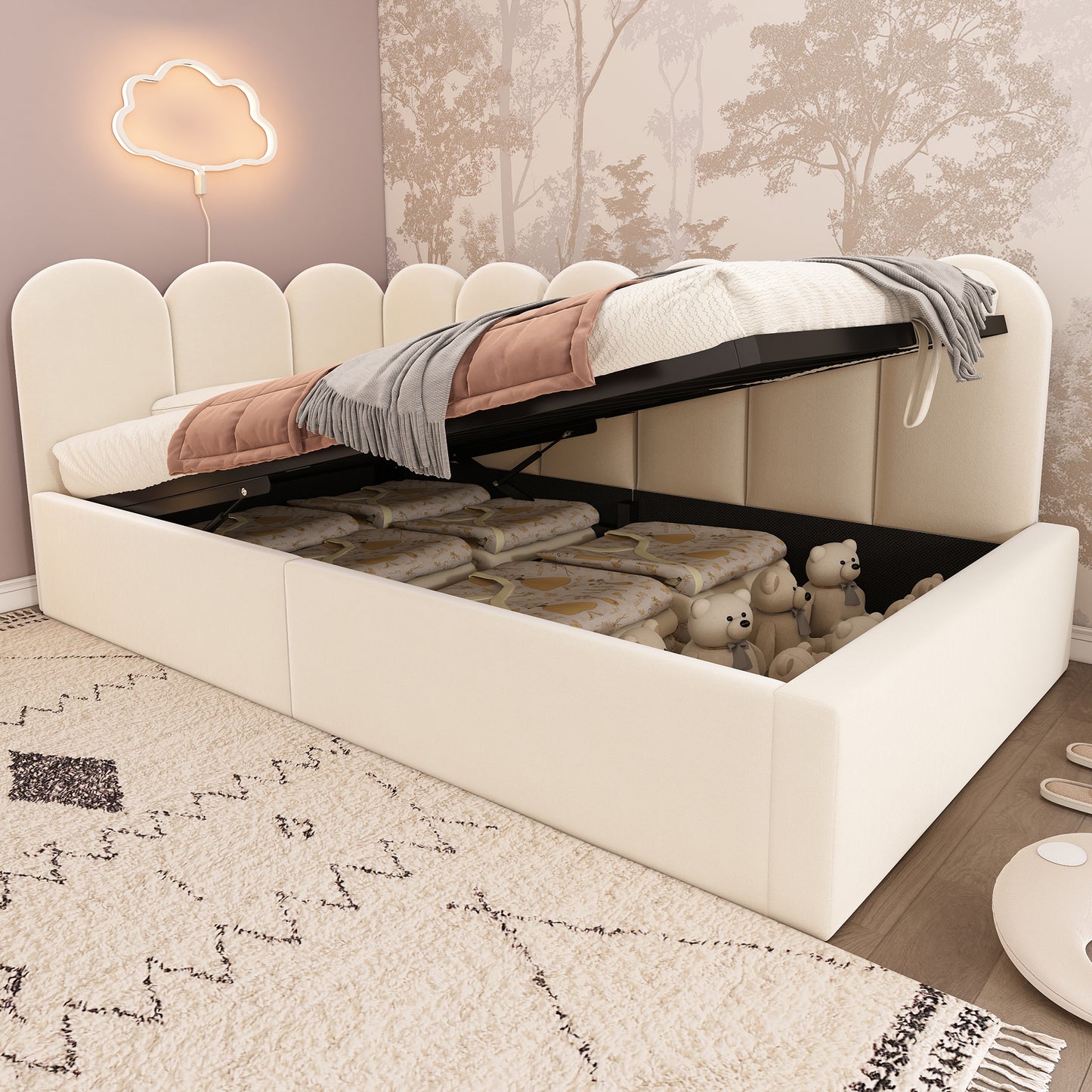 Beige upholstered single daybed with hydraulic storage, metal slatted frame, velvet fabric, and 90x190 cm size.