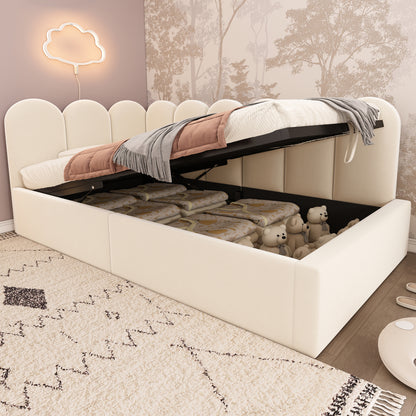 Beige upholstered single daybed with hydraulic storage, metal slatted frame, velvet fabric, and 90x190 cm size.
