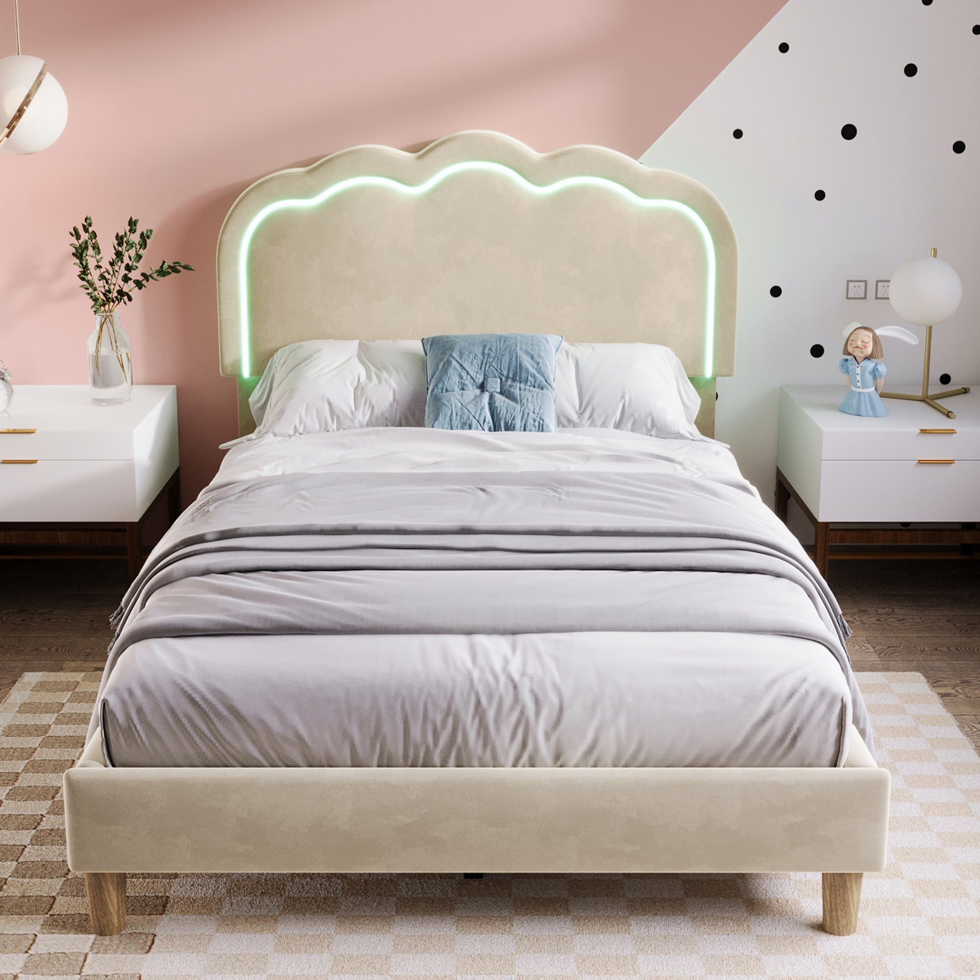 Beige upholstered single bed with LED lighting, wooden slats, adjustable headboard, velvet fabric, ideal for teen or guest bedroom.