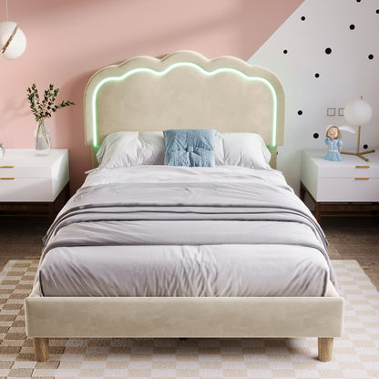 Beige upholstered single bed with LED lighting, wooden slats, adjustable headboard, velvet fabric, ideal for teen or guest bedroom.