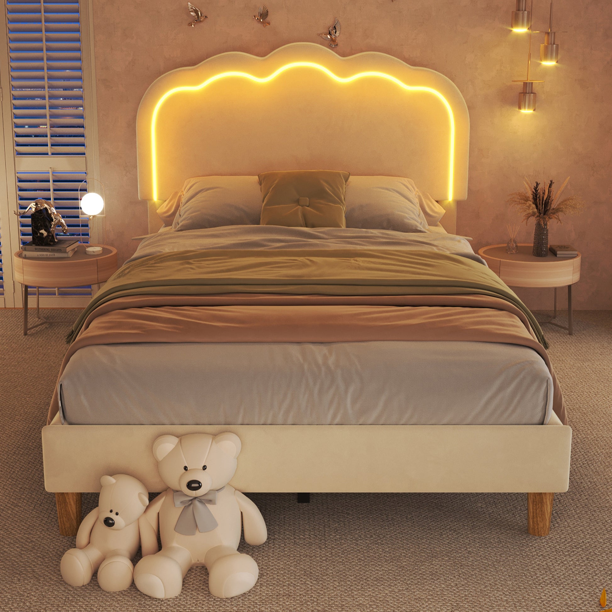 Beige upholstered single bed with LED lighting, wooden slats, adjustable headboard, velvet fabric, ideal for teen or guest bedroom.