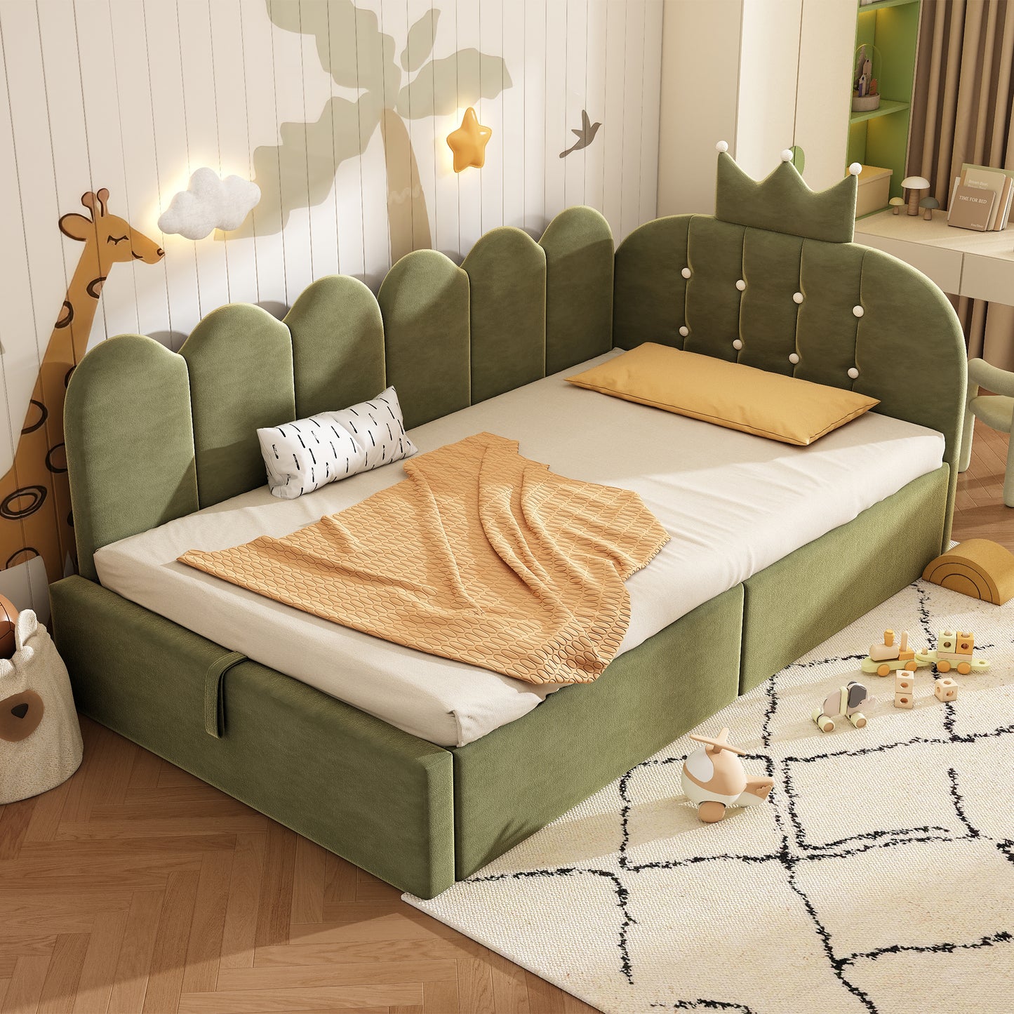 Green velvet upholstered daybed with crown-shaped design, hydraulic storage, 3ft single sofa bed, no mattress, suitable for adults and children.