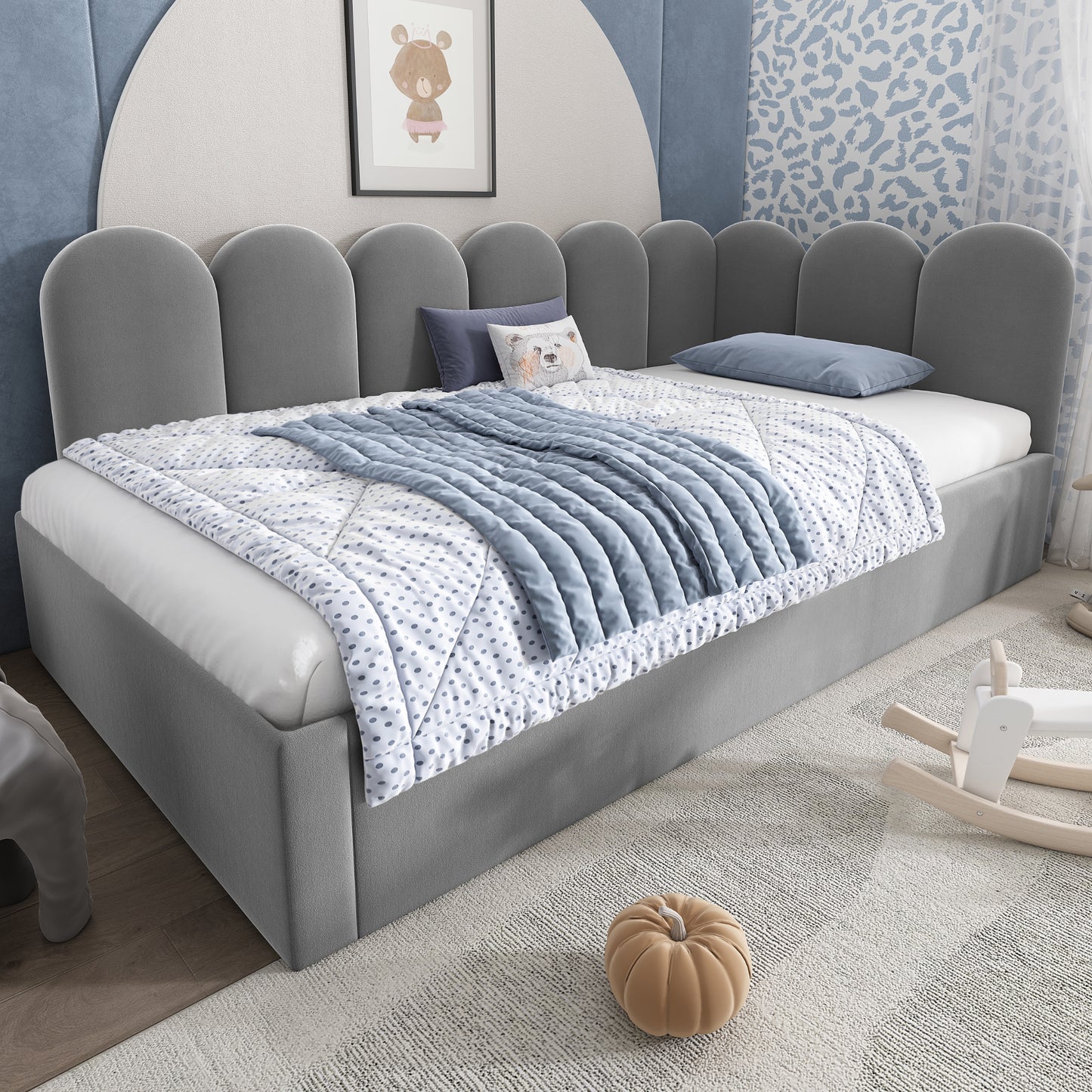 Grey upholstered HOMCOM daybed with pull-out single bed, velvet fabric, slatted frame, ideal for adults and children.