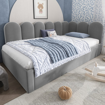 Grey upholstered HOMCOM daybed with pull-out single bed, velvet fabric, slatted frame, ideal for adults and children.