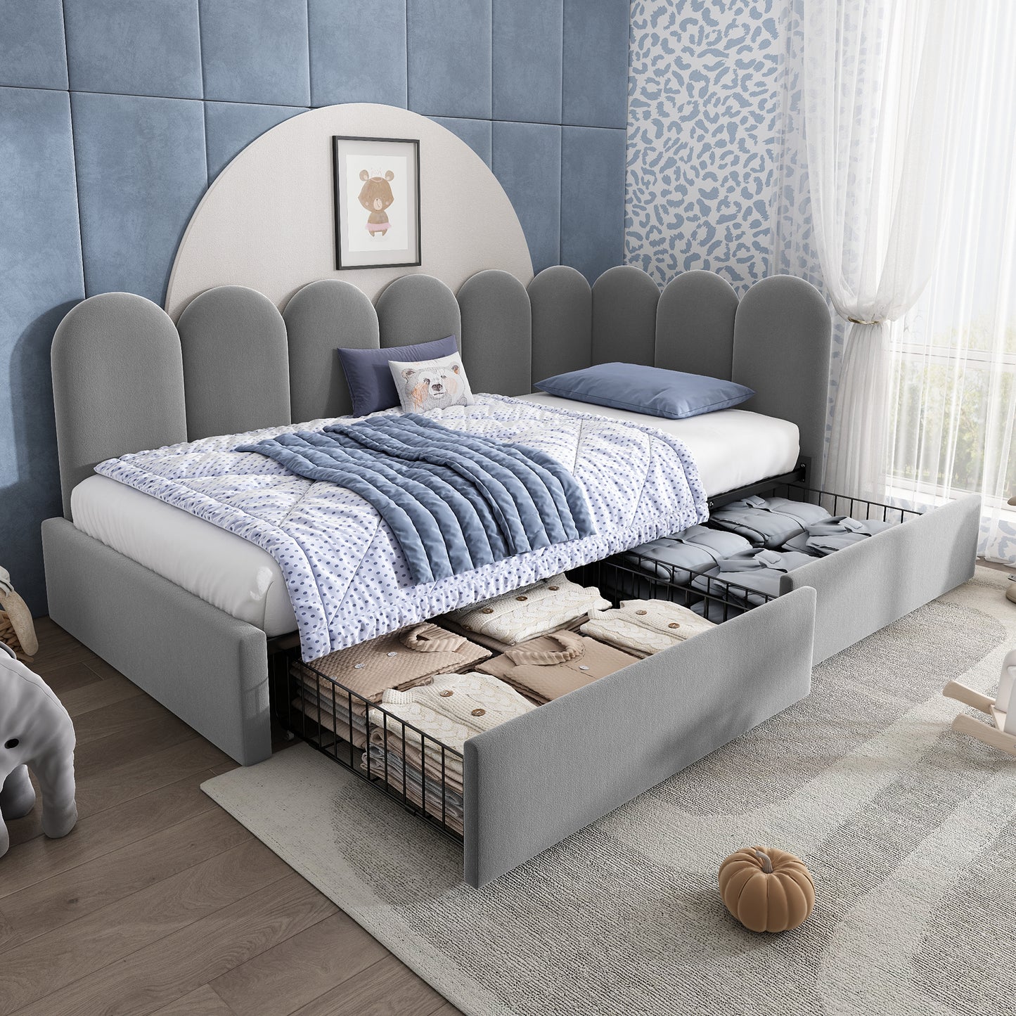 Grey upholstered kids' daybed with drawer storage, velvet fabric, 3ft single sofa bed, slatted frame, suitable for children and adults.
