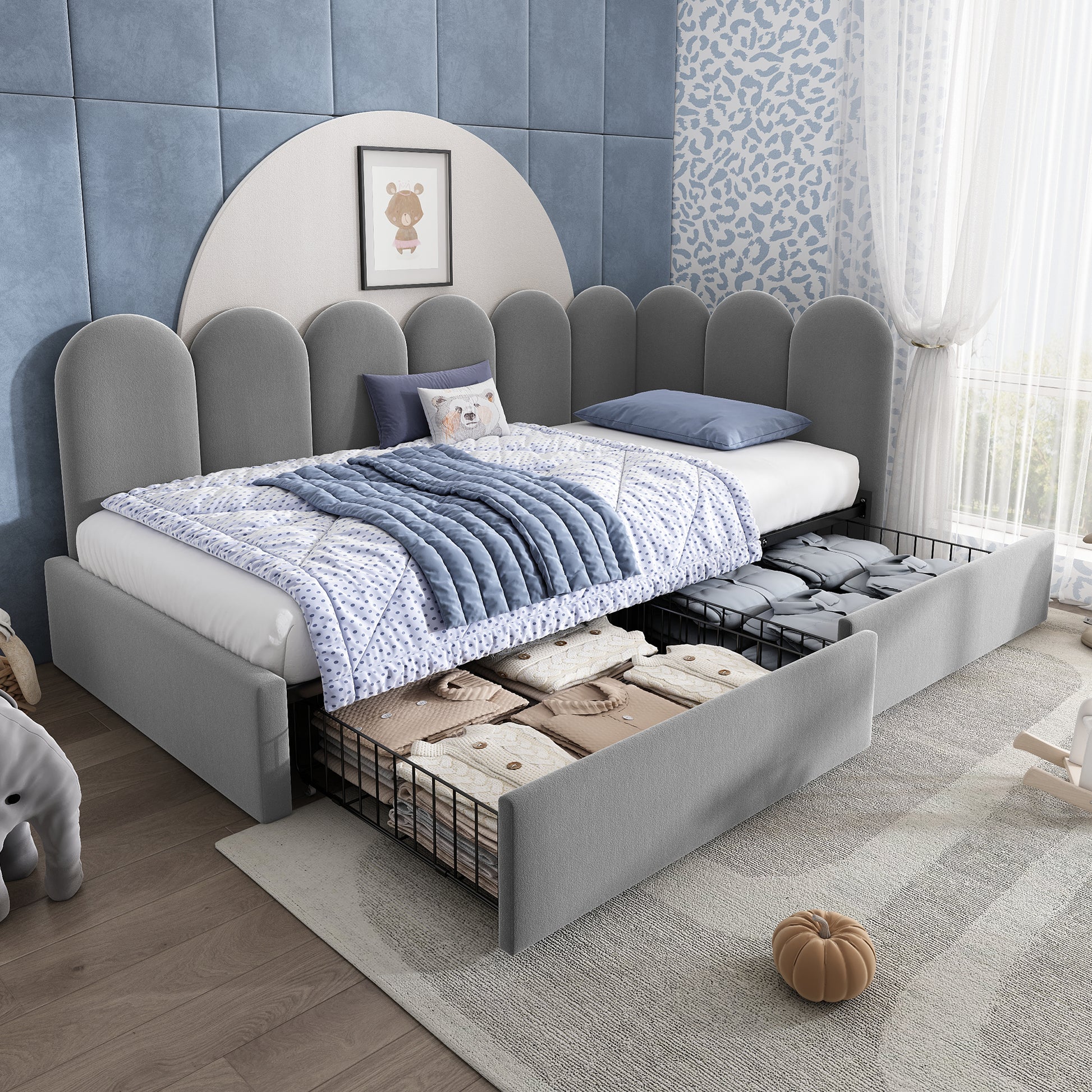 Grey upholstered kids' daybed with drawer storage, velvet fabric, 3ft single sofa bed, slatted frame, suitable for children and adults.