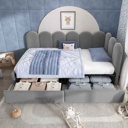 Grey upholstered kids' daybed with drawer storage, velvet fabric, slatted frame, suitable for adults and children, 3ft single size.