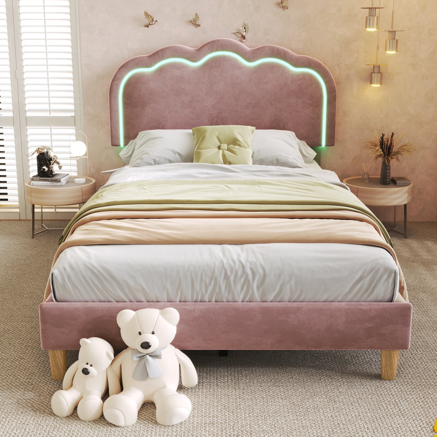 Pink velvet upholstered single bed with LED lighting, wooden slats, adjustable headboard, ideal for teen or guest rooms.